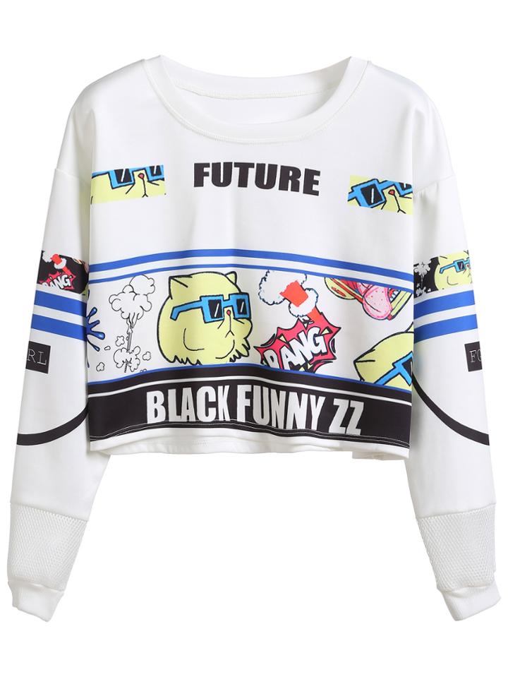 Romwe White Cartoon And Letter Print Sweatshirt