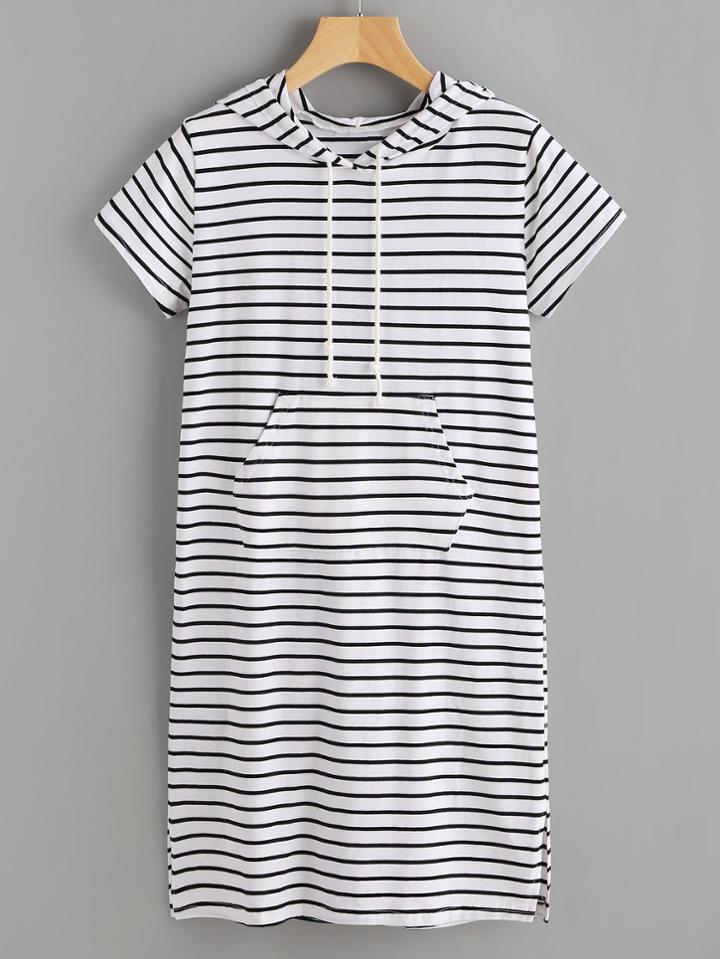 Romwe Striped Slit Side Hooded Dress With Kangaroo Pocket