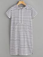 Romwe Striped Slit Side Hooded Dress With Kangaroo Pocket