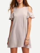 Romwe Nude Cold Shoulder Ruffle Sleeves Shift Dress