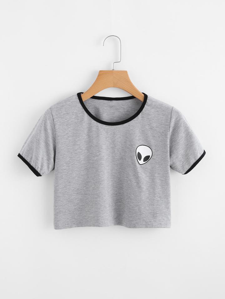 Romwe Alien Print Contrast Trim Crop Tee