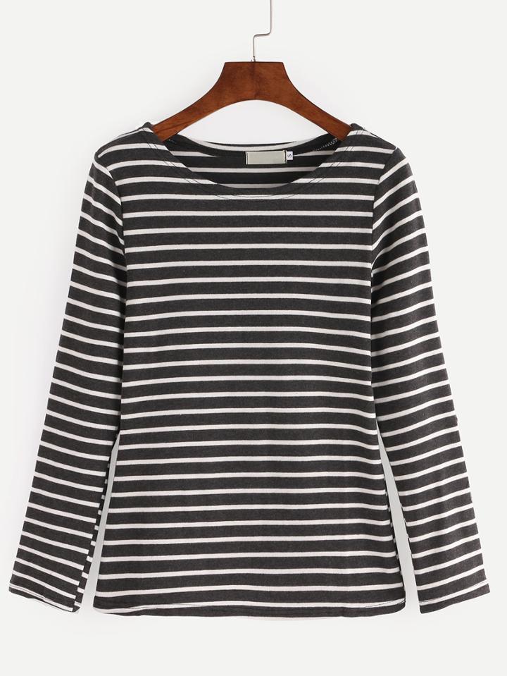 Romwe Black White Striped Elbow Patch T-shirt
