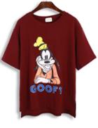 Romwe Cartoon Goofy Print Dip Hem Wine Red T-shirt