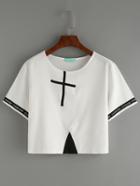 Romwe Cross Patch Woven Tape Embellished Crop T-shirt - White