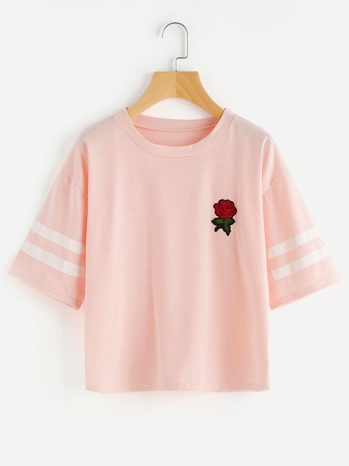Romwe Rose Patch Striped Sleeve Tee