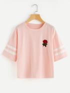 Romwe Rose Patch Striped Sleeve Tee
