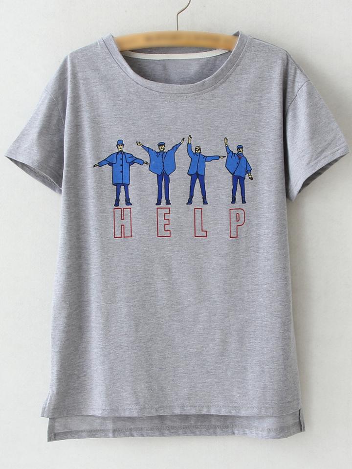 Romwe Grey Short Sleeve Dip Hem Print T-shirt