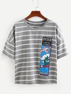 Romwe Grey Striped Graphic Print T-shirt