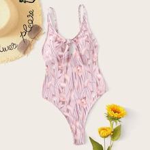 Romwe Flower Print Tie Front High Leg One Piece Swimsuit