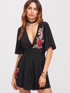 Romwe Embroidered Flower Applique Flutter Sleeve Pleated Wrap Romper