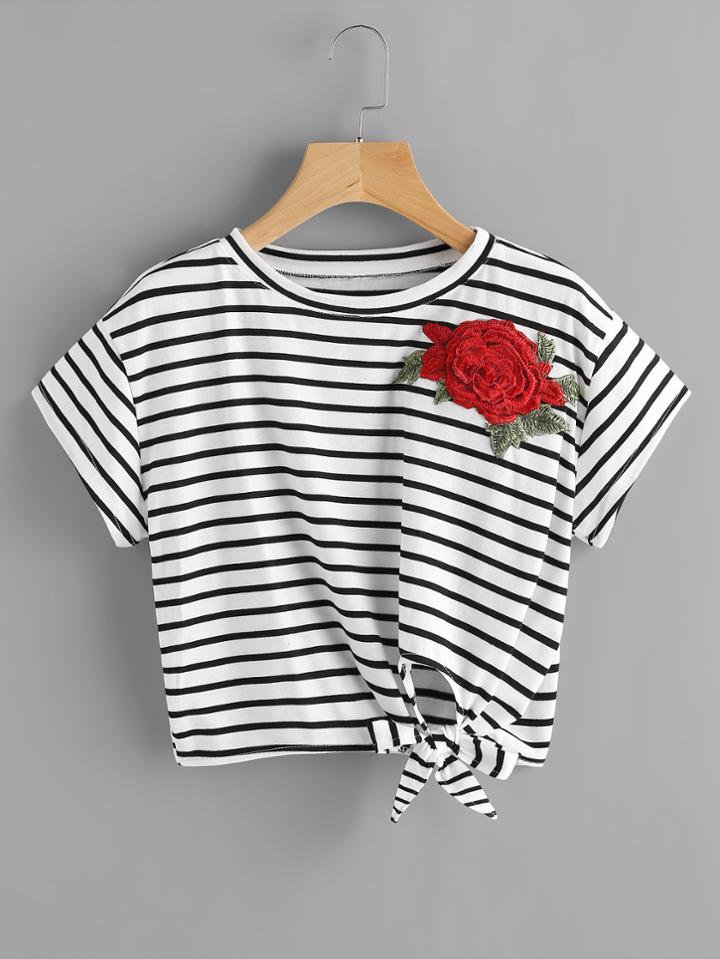 Romwe Floral Applique Striped Side Knot Tee