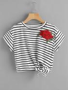 Romwe Floral Applique Striped Side Knot Tee
