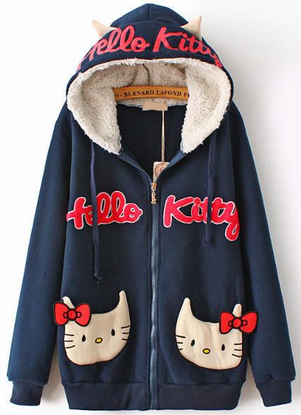 Romwe Hooded Hello Kitty Pattern Pockets Navy Sweatshirt