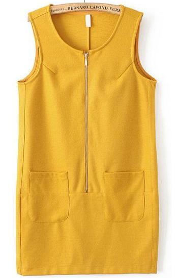 Romwe Sleeveless Zipper Pockets Yellow Dress