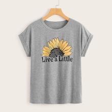 Romwe Roll Up Sleeve Letter & Sunflower Tee