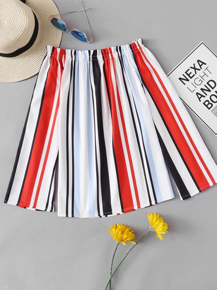 Romwe Off Shoulder Frill Trim Striped Top