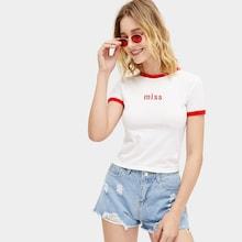 Romwe Letter Embroidery Ringer Tee