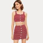 Romwe Button Front Tie Back Striped Cami Top With Skirt
