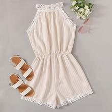 Romwe Striped Lace Panel Halter Playsuit