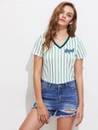 Romwe Embroidered Letter Patch Striped Slub Tee