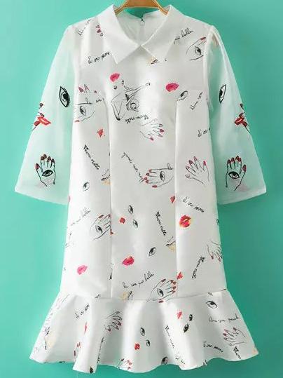 Romwe Doll Collar Graffiti Print Peplum Hem Organza Dress
