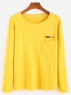 Romwe Yellow Drop Shoulder Seam Button Patch T-shirt