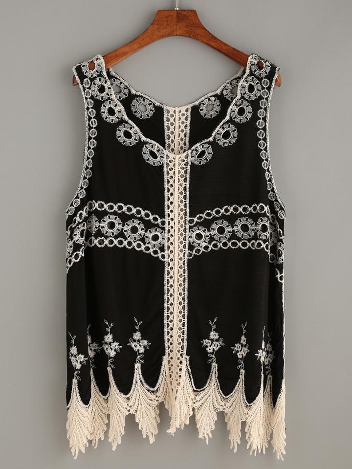 Romwe Black Crochet Insert Embroidered Tank Top