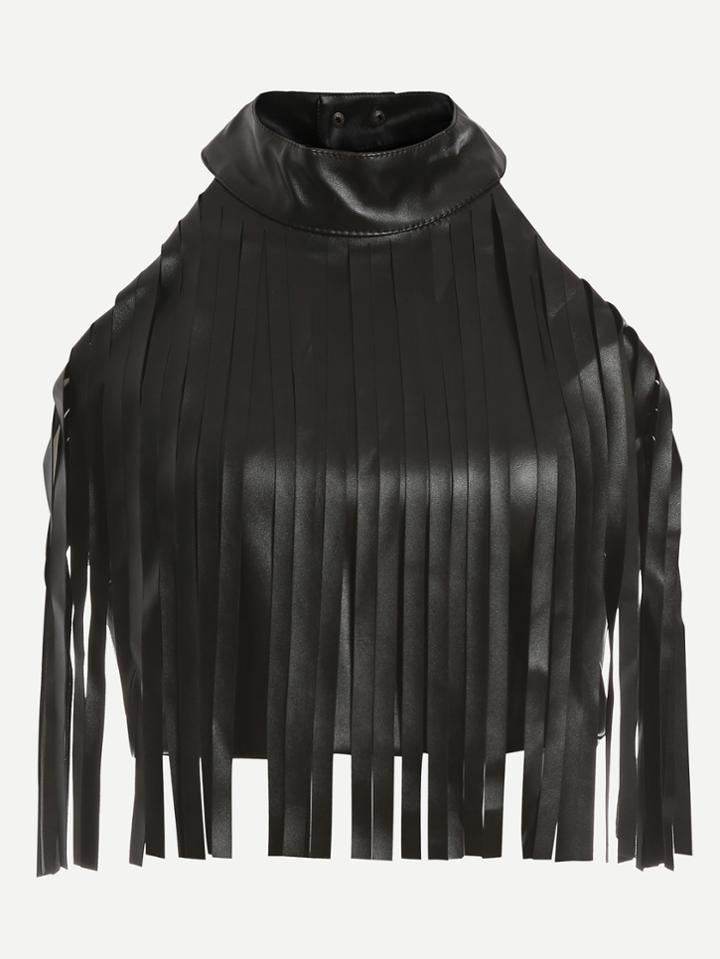 Romwe Black Halter Fringe Pu Top