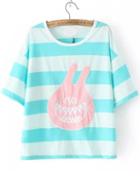 Romwe Monster Patch Striped Blue T-shirt
