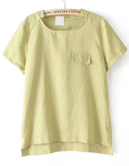 Romwe Stand Collar Pocket Dip Hem Light Green T-shirt