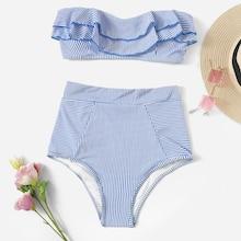 Romwe Striped Ruffle Bandeau With High Waist Bikini