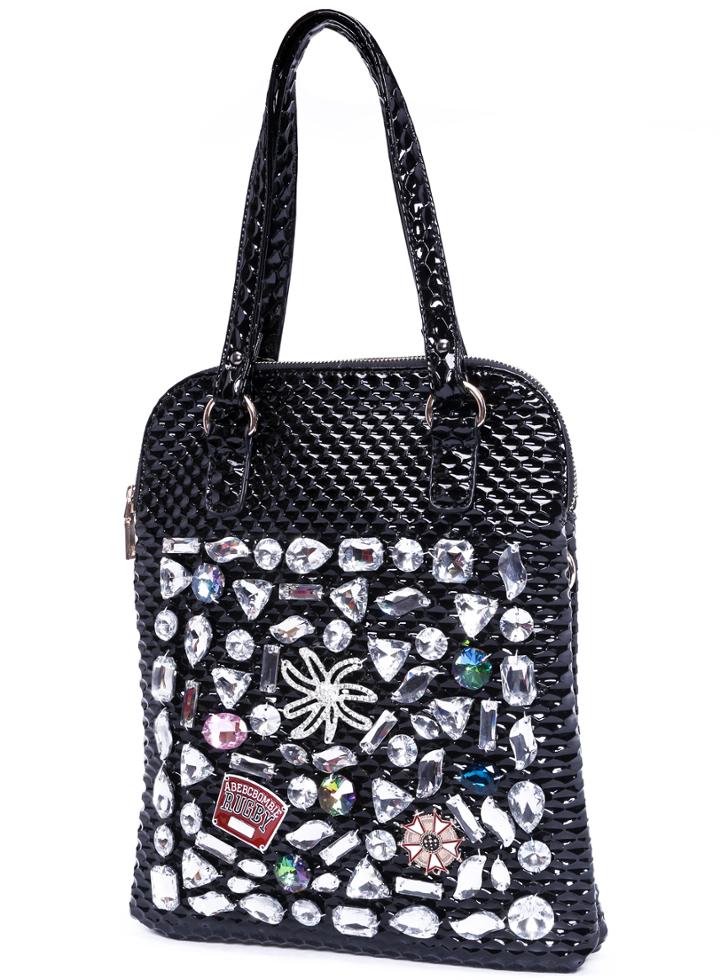 Romwe Black Zipper Jewelled Pu Shoulder Bag