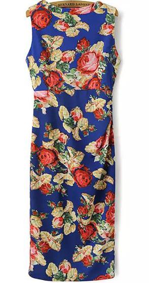 Romwe Blue Sleeveless Floral Long Dress