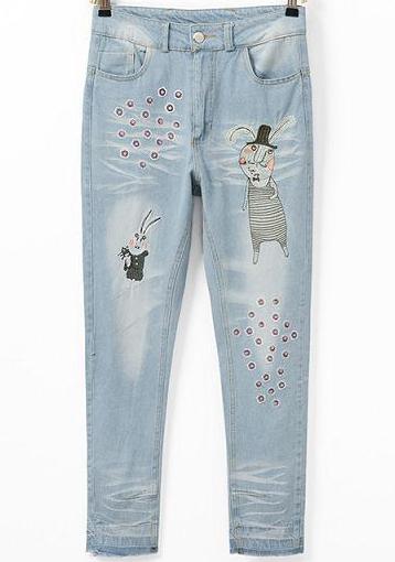 Romwe Rabbit Embroidered Denim Loose Pant