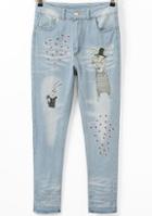 Romwe Rabbit Embroidered Denim Loose Pant