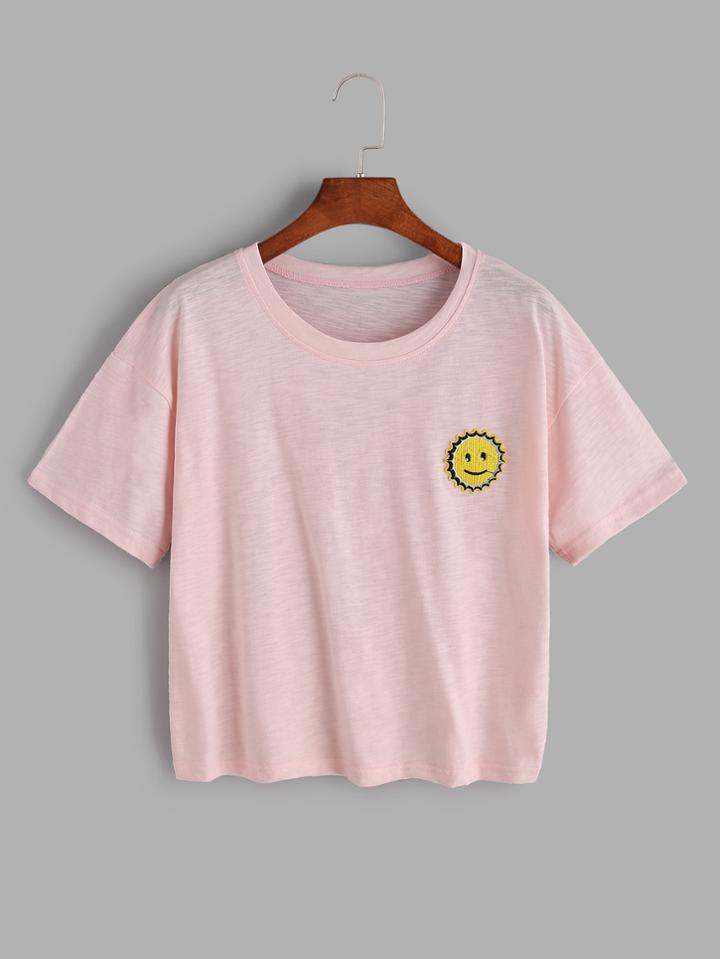 Romwe Pink Sun Smile Print T-shirt