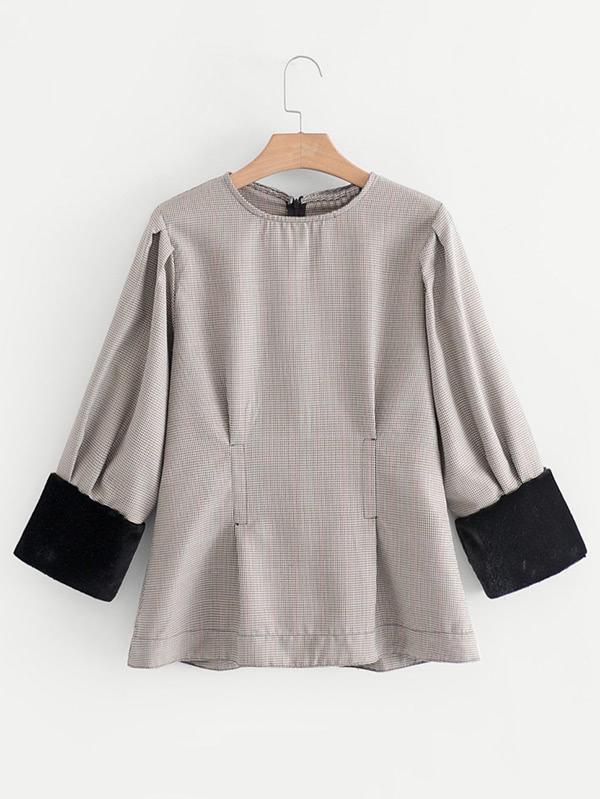 Romwe Contrast Cuff Peplum Houndstooth Blouse