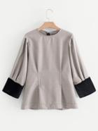 Romwe Contrast Cuff Peplum Houndstooth Blouse