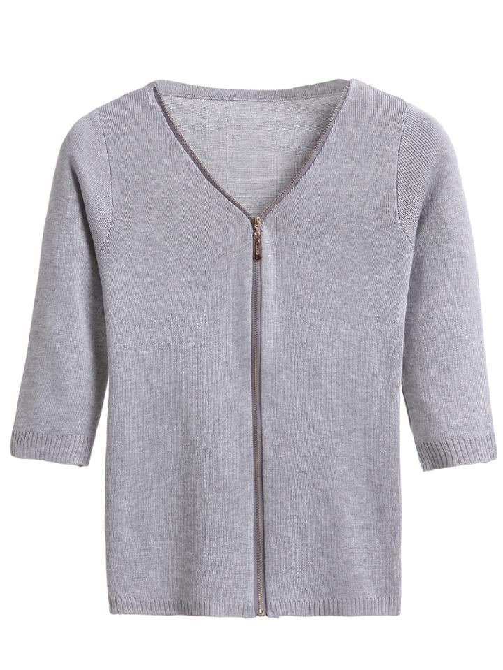 Romwe Light Grey V Neck Zip Up Sweater