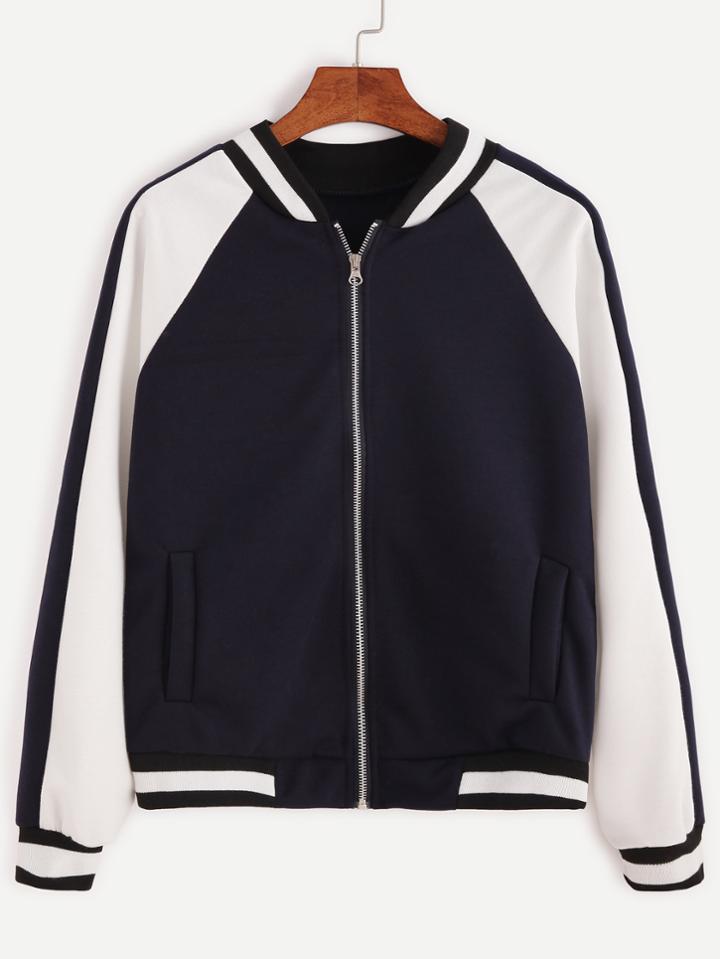 Romwe Navy Striped Trim Zip Up Jacket