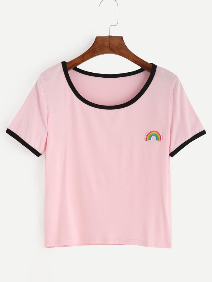 Romwe Pink Rainbow Patch Ringer T-shirt