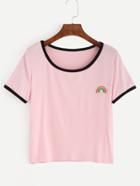 Romwe Pink Rainbow Patch Ringer T-shirt