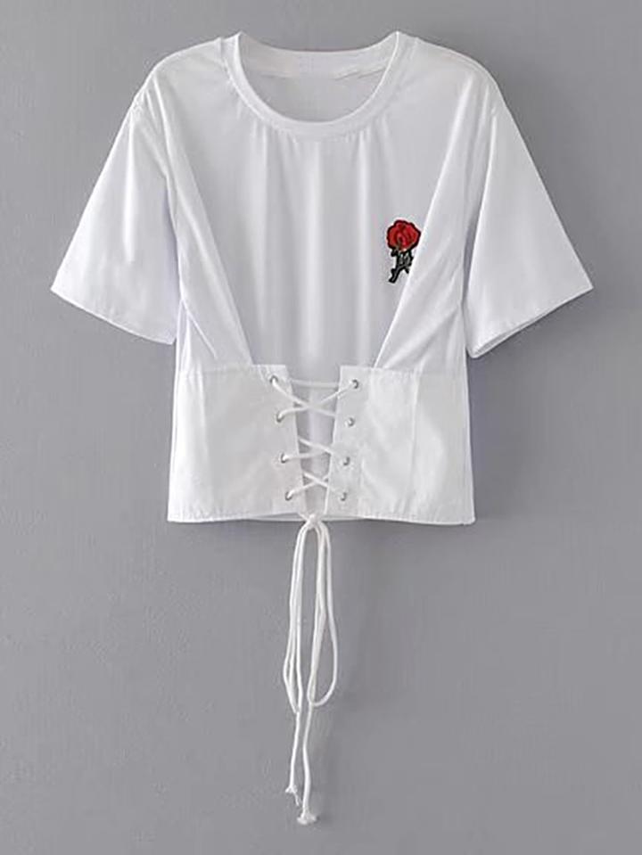 Romwe Lace Up Corset Embroidered Applique Tee