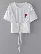 Romwe Lace Up Corset Embroidered Applique Tee