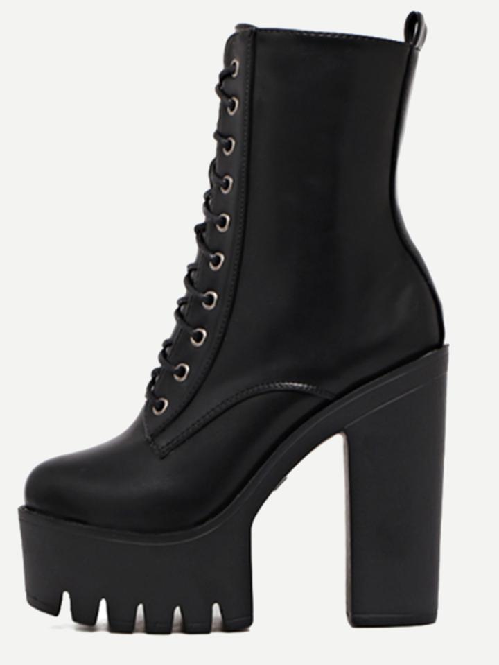 Romwe Black Lace Up Pu Platform High Heel Boots