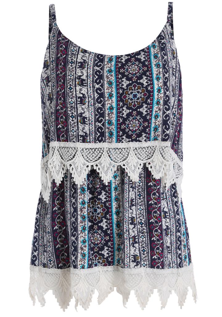 Romwe Spaghetti Strap Contrast Lace Tribal Print Cami Top