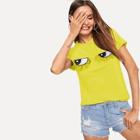 Romwe Neon Yellow Mesh Detail Embroidered Applique Tee