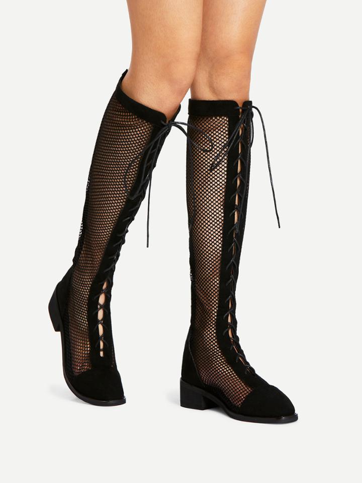 Romwe Lace Up Knee High Sheer Boots