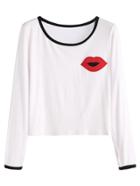 Romwe White Contrast Trim Lip Embroidered Crop T-shirt