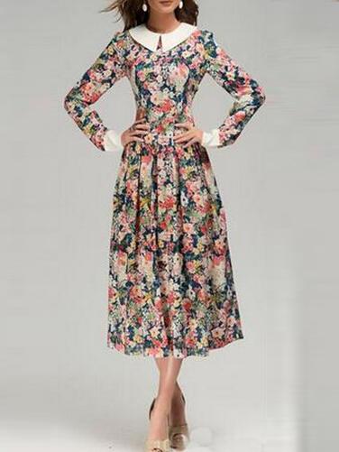 Romwe Doll Collar Florals Pleated Dress